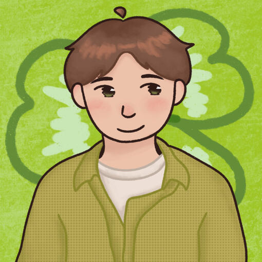 Portrait of Jasper by viswrl A portrait illustration of a white transmasculine person with short brown hair and a green shirt. It has a green background with a clover outline behind the person.